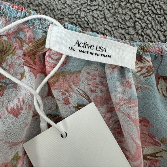 Active USA Sheer Floral Chiffon Tie Front Crop Blouse Blue Pink 1XL Puff Sleeve - Picture 11 of 15